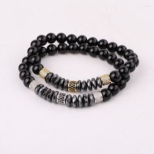 Strand JARAVVI Natural Stone CZ Pave Charm Onyx Elastic Beads Bracelet Set Men Jewelry Gift