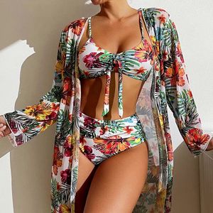 Women's Swimwear Sexy High Waisted Bikini Three Pieces Floral Printed Swimsuit Women Set With Mesh Long-Sleeved Blouse Size S-3XL 230520