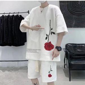 Men's Tracksuits Korean Fashion Streetwear Hip Hop Rock Casual Short Suit Rose Flower Tshirts Shorts 2 Piece Set Summer Tracksuit Clothes for Men 230520