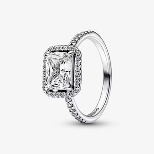 Anel de halo espumante retangular para Pandora autêntica Sterling Silver Wedding Rings Designer Jewelry for Women Crystal Diamond Luxury Ring com caixa original