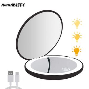 Kompakta speglar Mini Portable Folding Travel Mirror LED Light Makeup 10x Förstoring 2-sidig skönhet runt 230520