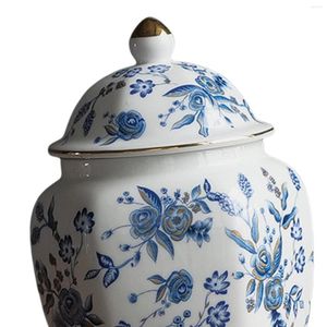 Lagringsflaskor Flower Vase Versatile Chinese Blue and White Porslin Pot Desktop Jar Can Ginger med lockete