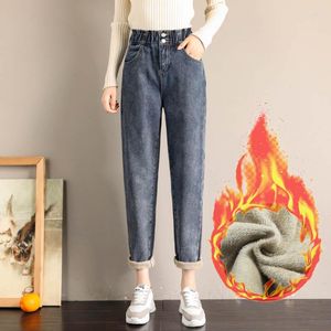 Kvinnors jeans raka fleece byxor kvinnor värmer tjockt svart denim tvättad hög midja hösten vinterbyxor harem c7562 Womens