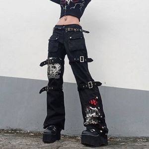 Dżinsy damskie gotyckie punkowe dżinsy harajuku metalowe klamra hip-hopowe nadrukowane spodnie ładunkowe szerokie nogi luźne dżinsowe spodenki 230520