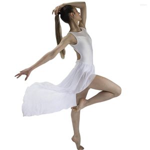 Bühnenkleidung, weißes Nylon-Lycra-Mesh-Tanz-Crop-Top, Chiffon, unebene Röcke, Performance-Kostüm für Damen und Mädchen