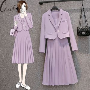 ツーピースドレス春秋の紫色のプリーツスーツ韓国ファッションクロップドブレザージャケットリーベベルのタンクMidi Peiceセット230520