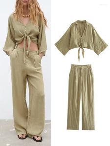 Kvinnors tvåbitar byxor 2023 Summer Set Woman 2 Pieces Knutt linne Skjorta Hög midja Wide Leg Casual Set Womens Outifits