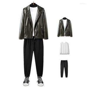 Gym Clothing Fashion Mens 3 Piece Suits Punk Style Leather Jacket Faux Warm Outwear Joggers Pants Crewneck Sweatshirt