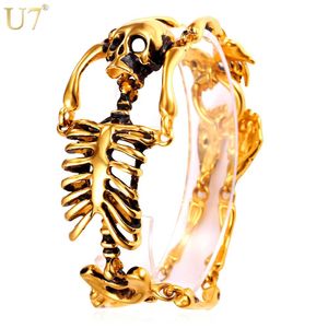 Bangle U7 Gothic Skull Bracelet for Men Stainless Steel Steampunk Heavy Skeleton Wristband Chains Halloween Party Accessories