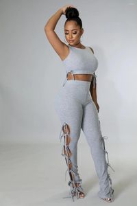 Damen Zweiteilige Hose 2023 Modische Freizeit Sexy Frauen Straßensportweste Reine Farbe Pit Strip Strap Hollow Out Zweiteiliges Set