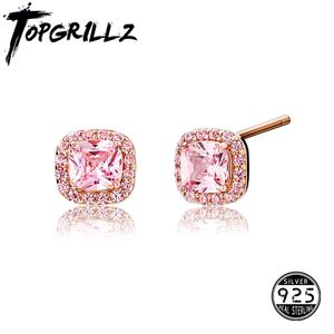 Stud TOPGRILLZ 925 Sterling Silver 6mm Baguette Stud Brincos Gelado Brilho Rosa Cubic Zirconia Brincos Bonitos Moda Jóias Para Mulheres