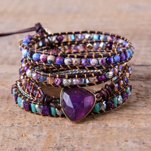 Bangle pärlstav multi 5x skiktade wrap -armband boho ametyter sträng flätad strand armelate handgjorda veganer smycken bijoux grossist