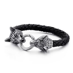 Bangle Hot Fashion Cool Men Punk Color Skeleton Stainless Steel Double Skull Wolf Head Black Weave Leather Bracelets Jewelry