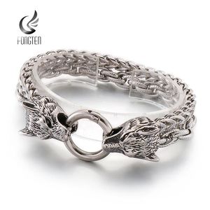 Bangle Fongten Punk Wolf Head Bracelet For Men Vintage Stainless Steel Double Layer Weaving Link Chain Men Bracelets Trendy Jewelry