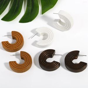 Hoop Earrings AENSOA Handmade Textured Wooden C-Shaped For Women Ethnic Brown Wood Geometric Round Circle Small Jewelry