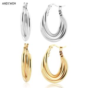 Huggie Andywen 925 Sterling Silver Gold 18mm Three Circle Twist Hoops Earring Piercing Women Luxury Loops Plain Hollow Smycken för dig