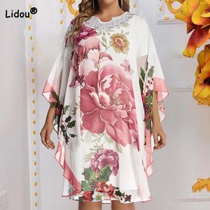 Dresses Spring Summer Plus Size Clothes Women Round Neck Diamonds Splicing Floral Print Batwing Sleeve Loose Chiffon Elegant Midi Dress