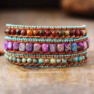 Bangle Oaiite Multilayer Turquoise Jasper Emperor Stone Wrap Armelets Natural Gemstone Leather Armband Bangle Boho Healing Smycken