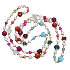 Pendant Necklaces Jewelry 56" Cultured White Pearl Multi Color Agate Crystal Long NecklacePendant