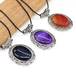 Pendant Necklaces Natural Stone Agates Lapis Lazuli Tiger Eye Wax Thread Necklace Women Gift Jewelry Size 46x75mm Length 55cm 5cm