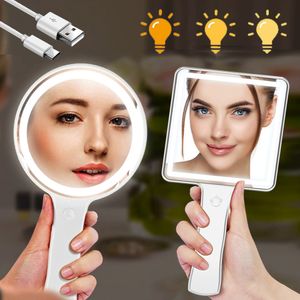 Kompakta speglar USB Makeup Mirror med LED Light Hand Handle Vanity Round Portable Travel Smart Make Up Pekskärm Miroir 230520