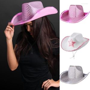 Cappelli a tesa larga Cappello da cowgirl bianco Corda al collo con stella di paillettes rosa per vestire feste e giocare in forma per la maggior parte delle ragazze Donne Elob22