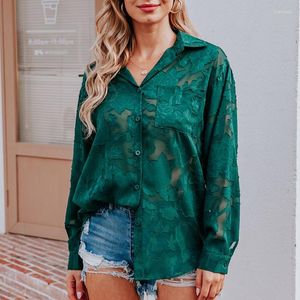 Kvinnors blusar Elegant Jacquard Mesh Shirts Women Fashion 2023 Se genom långärmad toppar Streetwear Button Up Women's 18973