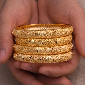 Bangles 4Pcs/lot 24K Dubai Bangle Women Gold Color Jewelry Copper 18 k GF Dubai Bracelet for Women Africa Arab Items wedding bridal gift