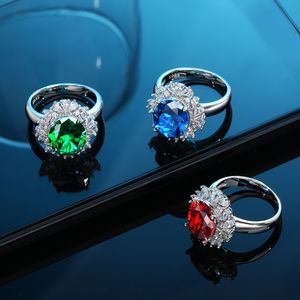 Novo 100% 925 Sterling Silver Ring Red Blue Pink Green luxuoso para mulheres Jóias de moda Presentes originais