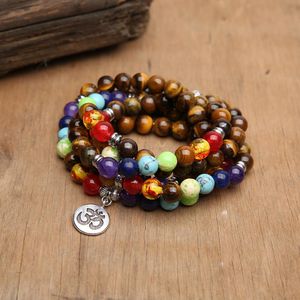 Braccialetti OAIITE Pietra dell'occhio di tigre Bracciale 7 Chakra Uomo Donna 8 mm Perline naturali Braccialetti con ciondoli di loto per la guarigione dell'equilibrio Preghiera