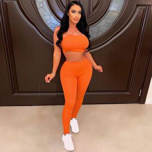 Zweiteilige Damenhose FUDA Soild Workout Knit Ribbed Frauen Set Outfits Sweatsuit 2023 Sommer Crop Top und Legging Passender Trainingsanzug