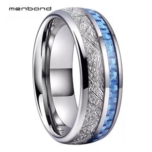 Anelli Fede nuziale in tungsteno da 8 mm per uomo e donna con fibra di carbonio blu e inserto in meteorite, vestibilità comoda