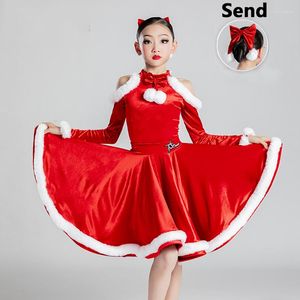 Sahne Giyim 2023 Parti Latin Dans Elbisesi Çocuk Balo Salonu Giysileri Kızlar Kırmızı Kadife Salsa Tango Chacha SL6023