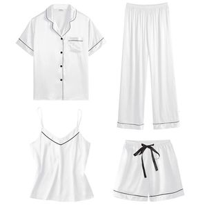 Kvinnors sömnkläder 4-delade pyjamasuppsättning för kvinnors imitation Silk Pyjamas Satin Pyjamas Fashionabla bekväma sexiga Suspender Shorts Tryckta hemkläder 230520