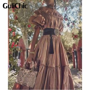 Tvådelad klänning 129 Gulichic Women Luxury Temperament Ruffle Off Shoulder Lantern Sleeve Loose Blus eller spetshem lång kjol Set 230520