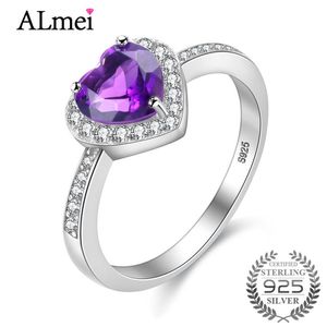 Anéis Almei Autêntico 100% 925 Anel de Prata Esterlina Amor Coração Ametista Anel Original Jóias de Casamento para Mulheres com Caixa 10% CJ006