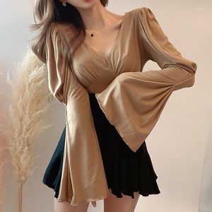 Casual Dresses 2023 Retro Elegant V-Neck Slim Flared Sleeve T-Shirt Top High Waist Peplum Skirt Set Women