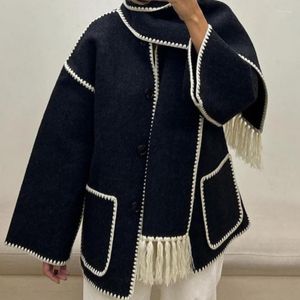 Women's Jackets Japanese Hit Color Bright-line Woolen Jacket Autumn Winter Elegant Fashion Coats Warm Loose Casual Outwears With Scarf