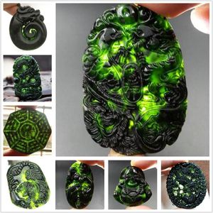 Pingente colares charme natural preto verde pedra jade esculpido chinês taiji bagua tigre dragão sorte amuleto corda colar presente jóias