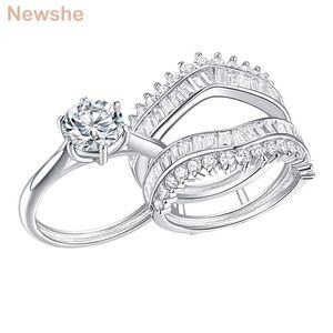 Pierścienie Newshe oryginalne 925 srebrne odprawy rundy pierścionek zaręczynowy Zestaw Set Guard Band Enhancers dla kobiet AAAAA CZ Symulowany diament