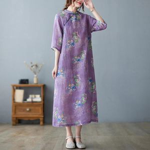 Sukienki 2023 Nowy przylot cienki miękki bawełniany lniany fioletowy chiński styl przytulny letni sukienka szaty Cheongsam Plus Size Women Casual Midi Sukienka