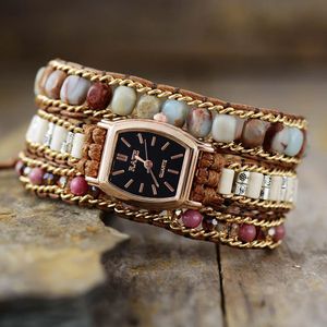 Bracelets Creative 3 Strand Imperial Sea Sediment Jasper Stones Crystal Watch Wrap Beaded Wristwatch Bracelet Women Sister Bohemia Jewelry