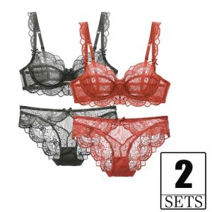 Conjunto de 2 peças Ultra Thin Transparent Women Bra and Panties Lingerie Sexy Plus Size Push Up Up Brassiere Lace Roupa Meninas Bras Red Q0705