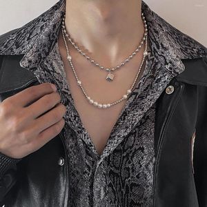 Chains Fashion Personality Metal Beads Necklace For Men Simple Dice Pendant Double Layer Overlapping Small Mosaic Men's Pearl Chain 4