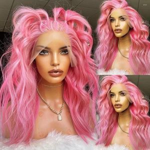 Pink For Women Synthetic Lace Front Short Wavy Style Natural Hairline Free Part Frontal With Baby Hair Cosplay Daily