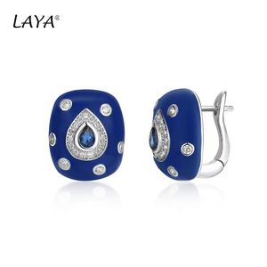 Stud 925Sterling Silver Fashion Retro Style High Quality Zircon Synthetic Crystal Blue Enamel Clip Earrings For Women Classic Jewelry