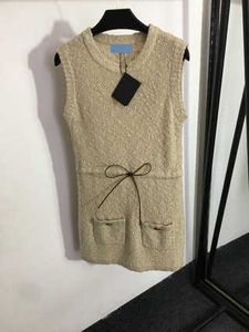 Vers Vintage Women Dress Shirts Drawstring Elasticated Waist Knitted Apricot Pocket Decoration Tank Top Size S-L Dresses for Woman Designer Clothing