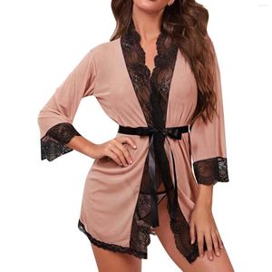 Mulheres para dormir feminino Veja através do manto de cinto Sexy Lingerie Lace Mesh Mesh Nightwear