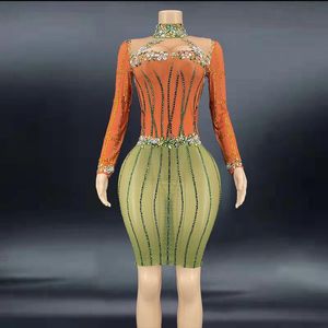 Skirt Women Sexy Orange Green Rhinestone Transparent Short Dress Dancer Prom Show Costume Evening Birthday Celebrate plus size