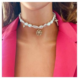 Chains UDDEIN Punk Irregular Pearl Chain Chokers Collier Alloy Cross Sun Flower Pendant Necklace For Women Bohemian Jewelry Collar